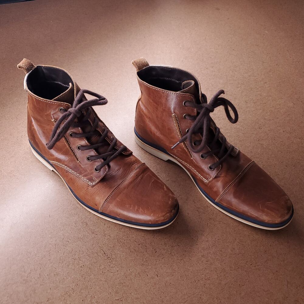 ALDO Leather Ankle Boots Men 9 Brown Cap Toe White Sole Lace Up Gorpcore
